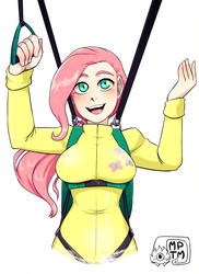 Size: 1280x1758 | Tagged: safe, artist:my pet tentacle monster, fluttershy, human, g4, air ponyville, breasts, bust, busty fluttershy, clothes, commission, female, flying, human coloration, humanized, jumpsuit, parachute, ponytail, simple background, skydiving, solo