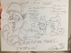 Size: 1024x768 | Tagged: safe, artist:andy price, applejack, pinkie pie, princess luna, g4, andy you magnificent bastard, chuck jones, daffy duck, drunk, drunk luna, hat, lampshade, lampshade hat, monochrome, punch, punch bowl, traditional art
