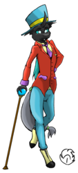 Size: 1126x2489 | Tagged: safe, artist:nekotigerfire, oc, oc only, oc:messno, changeling, anthro, unguligrade anthro, cane, clothes, cravat, frock coat, hat, male, pants, shirt, smiling, solo, spats, top hat