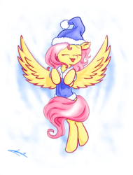 Size: 1024x1348 | Tagged: safe, artist:freeedon, fluttershy, pegasus, pony, g4, clothes, coat, eyes closed, female, happy, hat, hooves to the chest, jacket, mare, new year, on back, open mouth, santa hat, smiling, snow, snow angel, solo, spread wings, wings, winter outfit