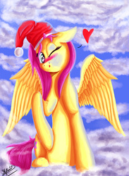 Size: 3000x4096 | Tagged: safe, artist:xskytheartist, fluttershy, pony, g4, female, hat, heart, looking at you, santa hat, solo