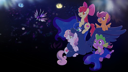 Size: 1366x768 | Tagged: safe, artist:raininess, apple bloom, princess luna, scootaloo, spike, sweetie belle, alicorn, dragon, earth pony, pegasus, pony, unicorn, g4, adorabloom, baby, baby dragon, cute, cutealoo, cutie mark, cutie mark crusaders, diasweetes, dream realm, female, filly, fireworks, looking up, lunabetes, male, mare, new year, smiling, spikabetes, the cmc's cutie marks