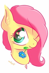 Size: 1024x1504 | Tagged: dead source, safe, artist:freeedon, fluttershy, pony, g4, bust, female, flower, flower in mouth, heart eyes, heart necklace, jewelry, looking at you, mare, mouth hold, necklace, one eye closed, portrait, simple background, solo, three quarter view, white background, wingding eyes, wink