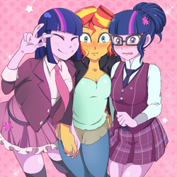 Size: 1000x1000 | Tagged: safe, artist:navitol, sci-twi, sunset shimmer, twilight sparkle, alicorn, equestria girls, g4, my little pony equestria girls: friendship games, blushing, breasts, cleavage, clothes, counterparts, crystal prep academy uniform, cute, eyes closed, female, glasses, holding hands, kneesocks, lesbian, looking at you, miniskirt, necktie, open mouth, peace sign, polyamory, school uniform, scrunchy face, self paradox, self ponidox, shimmerbetes, ship:sci-twishimmer, ship:sunset twiangle, ship:sunsetsparkle, shipping, skirt, smiling, socks, stars, thigh highs, thigh socks, trio, twiabetes, twilight sparkle (alicorn), twilight's counterparts, twolight