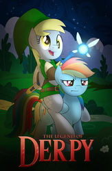 Size: 1000x1533 | Tagged: safe, artist:drawponies, derpy hooves, rainbow dash, pegasus, pony, g4, clothes, costume, crossover, derpy riding rainbow dash, epic derpy, link, navi, ponies riding ponies, riding, the legend of zelda