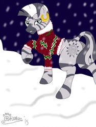 Size: 960x1280 | Tagged: safe, artist:marcushunter, zecora, zebra, g4, clothes, female, looking at you, looking back, raised hoof, snow, snowfall, solo, sweater