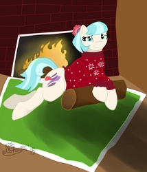 Size: 1094x1280 | Tagged: safe, artist:marcushunter, coco pommel, g4, clothes, female, fireplace, solo, sweater