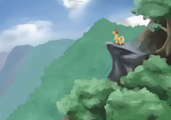 Size: 2000x1400 | Tagged: safe, artist:joan-grace, applejack, earth pony, pony, g4, cliff, cloud, female, hat, mare, mountain, one layer, outdoors, scenery, solo, tree