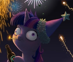 Size: 640x544 | Tagged: safe, artist:dalapony, twilight sparkle, pony, g4, alcohol, apple cider, blushing, bottle, cider, cropped, derp, derp face, derpface, drinking, drunk, drunk twilight, faic, female, fireworks, food, hat, horn, mare, match, matchstick, messy mane, mouth hold, new year, party hat, scrunchy face, solo, wide eyes