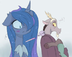 Size: 2500x2000 | Tagged: safe, artist:magnaluna, discord, princess luna, draconequus, pony, blushing, chair, cute, dialogue, embarrassed, female, floppy ears, fluffy, frown, hair over one eye, looking back, lunabetes, lunacord, male, mare, pregnancy test, pregnant, shipping, straight, wide eyes