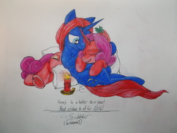 Size: 4288x3216 | Tagged: safe, artist:scribblepwn3, oc, oc only, oc:midnight scribbler, oc:sunset glow, pony, unicorn, candle, cuddling, holly, new year, pen drawing, snuggling, traditional art, watercolor painting