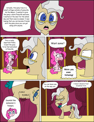 Size: 10200x13164 | Tagged: safe, artist:average-00, mayor mare, pinkie pie, comic:opposites, g4, absurd resolution, angry, cupcake, food, hungry, stomach growl, stomach noise, town hall, yelling