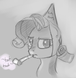 Size: 979x1009 | Tagged: safe, artist:post-it, rarity, pony, unicorn, g4, annoyed, colored sketch, drawthread, female, hat, mare, monochrome, party hat, party horn, sketch, solo