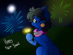 Size: 1400x1050 | Tagged: safe, artist:kittensneezikuns, oc, oc only, oc:sweet sound, pegasus, pony, adorable face, big ears, chest fluff, clothes, cute, ear fluff, femboy, fireworks, happy, happy new year, happy new year 2016, hoof hold, long mane, male, moon, outdoors, ponysona, raised eyebrow, scarf, smiling, solo, sparkler (firework), tongue out, wink