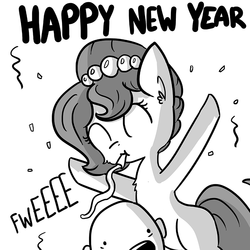 Size: 806x806 | Tagged: safe, artist:tjpones, oc, oc only, oc:brownie bun, oc:richard, earth pony, human, pony, horse wife, confetti, ear fluff, eyes closed, female, grayscale, happy new year, human male, male, mare, monochrome, party horn, simple background, streamers, white background