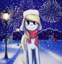 Size: 2300x2353 | Tagged: safe, artist:mrscroup, bon bon, derpy hooves, lyra heartstrings, sweetie drops, trixie, pegasus, pony, g4, clothes, cute, female, fireworks, hat, high res, lamppost, looking at you, mare, scarf, smiling, snow, snowfall, winter
