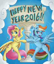 Size: 1024x1205 | Tagged: safe, artist:megagibs, fluttershy, rainbow dash, pony, g4, belly button, bipedal, both cutie marks, cute, dashabetes, happy new year, happy new year 2016, open mouth, shyabetes, spread wings