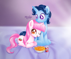 Size: 2417x2013 | Tagged: safe, artist:imoshie, oc, oc only, oc:berry revy, oc:music shade, pony, unicorn, bed, chips, couple, doritos, dr pepper, female, food, high res, looking at you, lying down, male, mare, oc x oc, one eye closed, prone, shipping, stallion, straight