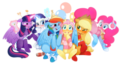 Size: 1320x690 | Tagged: safe, artist:aidapone, applejack, fluttershy, pinkie pie, rainbow dash, rarity, twilight sparkle, alicorn, pony, g4, 2016, alcohol, balloon, blushing, bottle, bottomless, cans, champagne, clothes, cocktail, drunk, drunk aj, drunk rarity, drunk twilight, drunker dash, drunkershy, earmuffs, female, floppy ears, food, hard cider, hat, hug, lesbian, magic, mane six, mare, new year, partial nudity, party hat, scarf, ship:appleshy, ship:flutterdash, shipping, socks, striped socks, sweater, sweatershy, telekinesis, twilight sparkle (alicorn), wine, winghug