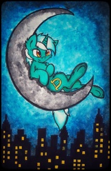 Size: 1579x2443 | Tagged: safe, artist:canvymamamoo, lyra heartstrings, g4, city, cityscape, female, fluffy, moon, night, skyline, solo, tangible heavenly object, traditional art