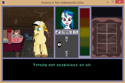 Size: 655x436 | Tagged: safe, artist:herooftime1000, dj pon-3, vinyl scratch, oc, oc:muscle milk, oc:puzzle piece, earth pony, pony, unicorn, octavia in the underworld's cello, g4, dungeon, fan game, game screencap, pixel art, suspicious, text