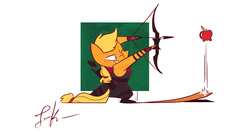 Size: 1920x1020 | Tagged: safe, artist:fluttershythekind, applejack, g4, apple, arrow, avengers, bow (weapon), bow and arrow, clothes, cosplay, costume, female, food, hawkeye, quiver, solo