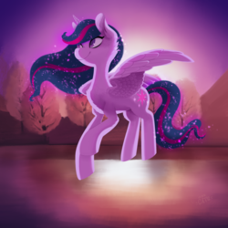 Size: 2000x2000 | Tagged: safe, artist:miss-cats, twilight sparkle, alicorn, pony, g4, autumn, cute, ethereal mane, female, flying, high res, mare, solo, twiabetes, twilight (astronomy), twilight sparkle (alicorn), water