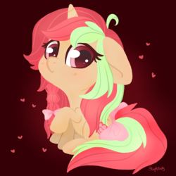 Size: 800x800 | Tagged: safe, artist:coffeecuppup, oc, oc only, oc:thimble, pony, bow, braid, female, hair bow, heart, mare, solo, tail bow