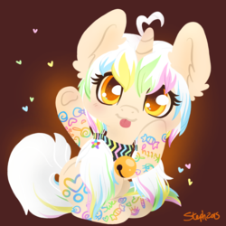 Size: 800x800 | Tagged: safe, artist:coffeecuppup, oc, oc only, oc:luella, pony, unicorn, bell, bell collar, collar, ear fluff, fluffy, hair accessory, hair tie, heart, multicolored hair, multicolored mane, multicolored tail, pigtails, solo, tongue out