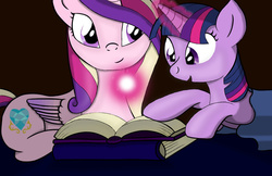 Size: 1024x664 | Tagged: safe, artist:muddy-waters, princess cadance, twilight sparkle, g4, bedtime story, book, filly, filly twilight sparkle, magic, teen princess cadance, telekinesis