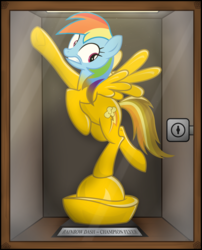 Size: 3445x4255 | Tagged: safe, artist:icaron, rainbow dash, g4, backwards cutie mark, cabinet, dashabuse, display case, gold, inanimate tf, locked, objectification, petrification, plinth, show accurate, statue, statuette, story included, transformation, trophy, underhoof