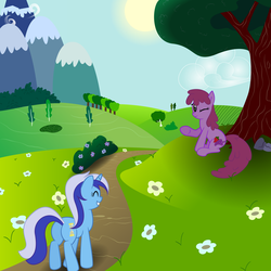 Size: 2000x2000 | Tagged: safe, artist:goldenmercurydragon, berry punch, berryshine, minuette, earth pony, pony, unicorn, g4, butt, date, duo, female, flower, lesbian, mare, plot, ship:berrygate, shipping, tree
