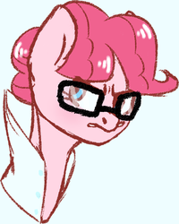 Size: 854x1067 | Tagged: dead source, safe, artist:tanklol, pinkie pie, g4, alternate universe, clothes, dr pinkie, female, glasses, lab coat, looking at you, portrait, scowl, simple background, solo, white background