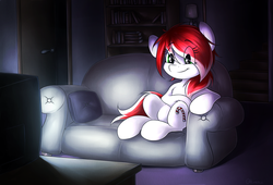 Size: 1024x697 | Tagged: safe, artist:otkurzacz, oc, oc only, pony, commission, couch, eye clipping through hair, female, indoors, mare, pillow, sitting, smiling, solo, television