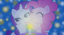 Size: 1270x710 | Tagged: safe, artist:ladypixelheart, pinkie pie, rarity, earth pony, pony, unicorn, g4, abstract background, blushing, candle, duo, eyes closed, female, kissing, lesbian, mare, ship:raripie, shipping, table