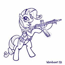 Size: 3000x3000 | Tagged: safe, artist:vombavr, rarity, pony, g4, aimpoint, ar-15, bipedal, female, gun, hoof hold, larue tactical, magic, magpul, monochrome, open mouth, picatinny rail, ponies with guns, reflex sight, rifle, smiling, solo, telekinesis, wahaha, weapon