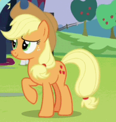 Size: 453x476 | Tagged: safe, screencap, applejack, rarity, earth pony, pony, unicorn, g4, season 5, the mane attraction, animated, apple tree, crossed legs, duo, duo female, embarrassed, female, floppy ears, gif, grin, mare, offscreen character, raised hoof, shadow, smiling, solo focus, stage, tree
