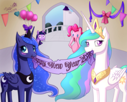 Size: 1500x1200 | Tagged: safe, artist:auriaslayer, pinkie pie, princess celestia, princess luna, twilight sparkle, g4, :o, :t, balloon, banner, bedroom eyes, blushing, horses doing horse things, looking at you, mouth hold, nom, open mouth, smiling, wide eyes