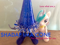 Size: 3264x2448 | Tagged: safe, princess celestia, princess luna, g4, 2016, alcohol, build-a-bear, cider, drunk, food, happy new year, happy new year 2016, high res, irl, photo, plushie