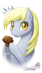 Size: 495x861 | Tagged: safe, artist:auriaslayer, derpy hooves, pegasus, pony, g4, blushing, female, food, mare, muffin, simple background, solo, transparent background