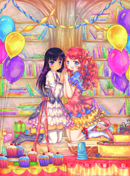 Size: 5650x7650 | Tagged: safe, artist:risocaa, gummy, owlowiscious, pinkie pie, twilight sparkle, human, g4, absurd resolution, balloon, book, cake, clothes, cupcake, dress, duo, food, humanized, library, lolita fashion