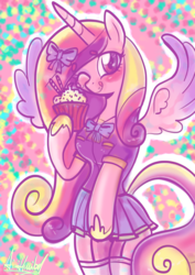 Size: 2480x3508 | Tagged: safe, artist:aimihanibal, princess cadance, alicorn, anthro, g4, 30 minute art challenge, arm hooves, bow, breasts, clothes, cupcake, cute, cutedance, female, food, hair bow, high res, moe, neck bow, sailor uniform, school uniform, smiling, solo, stockings, tongue out, wingboner, wings, wink