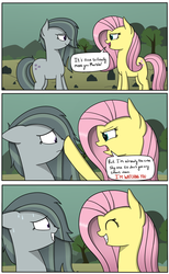 Size: 1200x1943 | Tagged: safe, artist:vanillaghosties, fluttershy, marble pie, earth pony, pegasus, pony, g4, boop, comic, duo, duo female, eye contact, female, jealous, looking at each other, mare, sweat