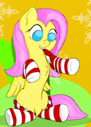 Size: 549x768 | Tagged: safe, artist:twigglyknob, fluttershy, g4, chest fluff, clothes, female, mouth hold, sitting, socks, solo, striped socks