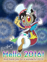 Size: 675x900 | Tagged: safe, artist:redfoxjake, discord, g4, 2016, adult foal, cute, diaper, discute, fireworks, happy new year, happy new year 2016, male, non-baby in diaper, poofy diaper, solo