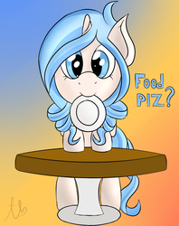 Size: 809x1024 | Tagged: safe, artist:laptopbrony, oc, oc only, oc:opuscule antiquity, begging, cute, looking at you, plate, solo, table