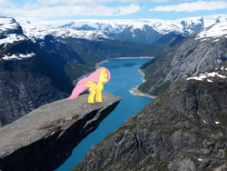 Size: 1024x768 | Tagged: safe, artist:orangel8989, artist:uponia, fluttershy, pegasus, pony, g4, cliff, determined, female, irl, lake, mare, mountain, norway, photo, ponies in real life, solo, vector