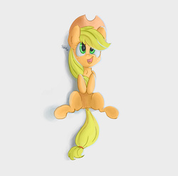 Size: 1608x1586 | Tagged: safe, artist:thefloatingtree, applejack, g4, featureless crotch, female, on back, signature, simple, smiling, solo