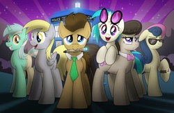 Size: 1793x1169 | Tagged: safe, artist:drawponies, bon bon, derpy hooves, dj pon-3, doctor whooves, lyra heartstrings, octavia melody, sweetie drops, time turner, vinyl scratch, earth pony, pegasus, pony, unicorn, slice of life (episode), background six, doctor who, female, irrational exuberance, male, mare, secret agent sweetie drops, smiling, sonic screwdriver, stallion, tardis, the doctor, unamused
