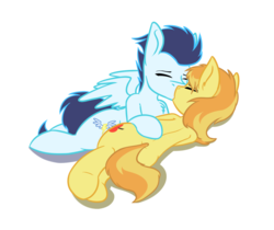 Size: 1280x1077 | Tagged: safe, artist:duop-qoub, braeburn, soarin', earth pony, pegasus, pony, g4, backwards cutie mark, cuddling, cute, duo, gay, kiss on the lips, kissing, male, old cutie mark, ship:soarburn, shipping, simple background, snuggling, stallion, transparent background